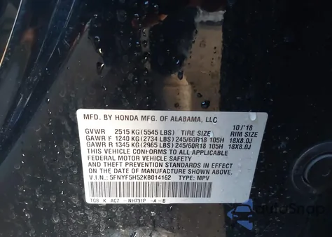 2019 Honda Pilot Ex-L из США, поврежденный, VIN 5FNYF5H52KB014162